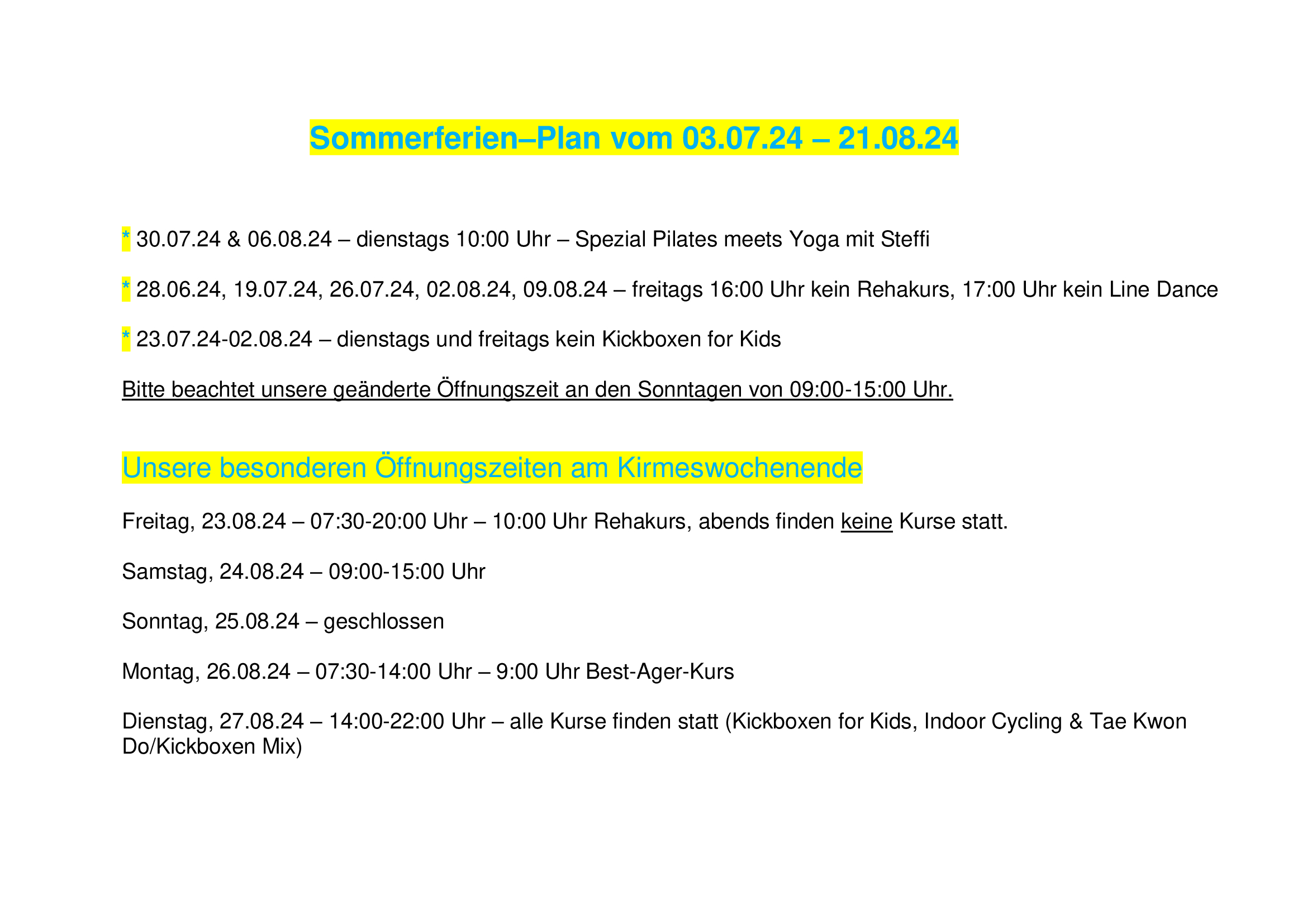 Unser Kursplan während der Sommerferien 2024