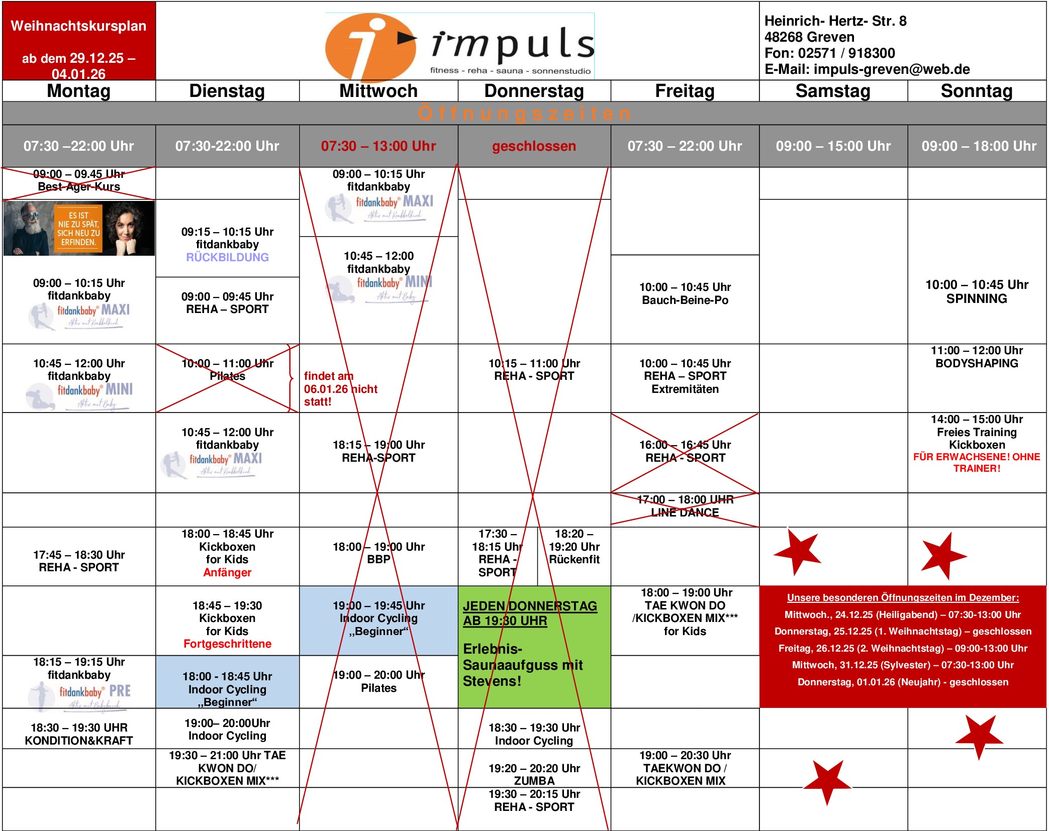Weihnachtskursplan vom 29.12.25 - 04.01.26