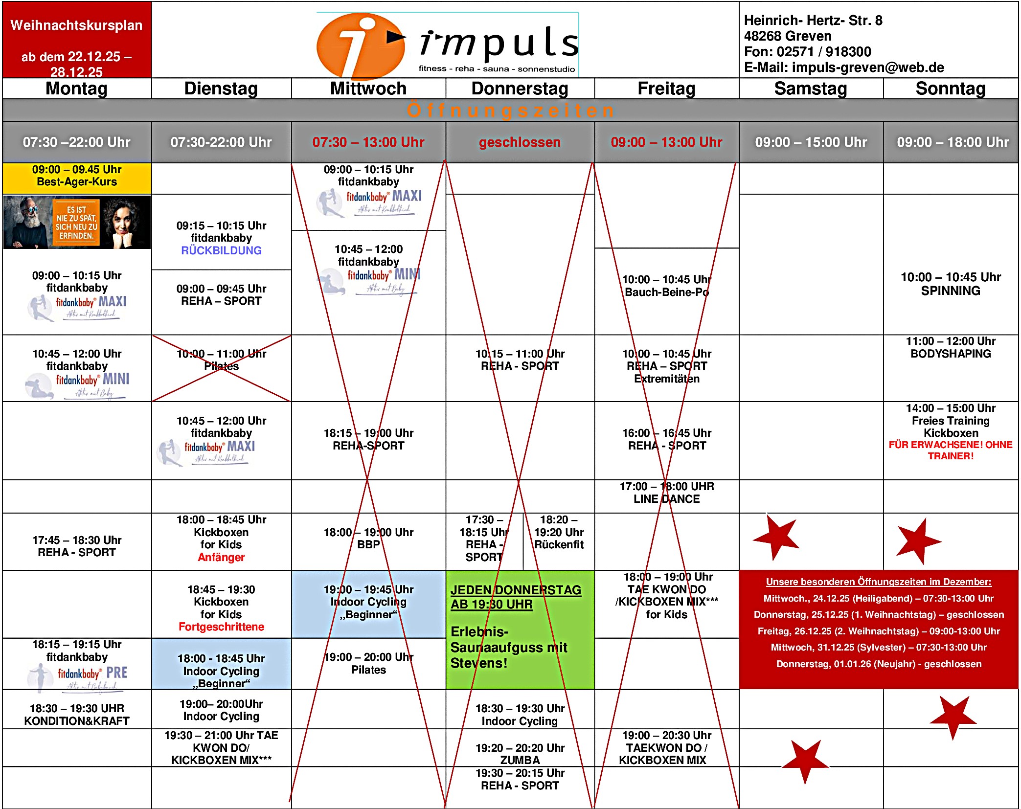 Weihnachtskursplan vom 22.12.-28.12.25