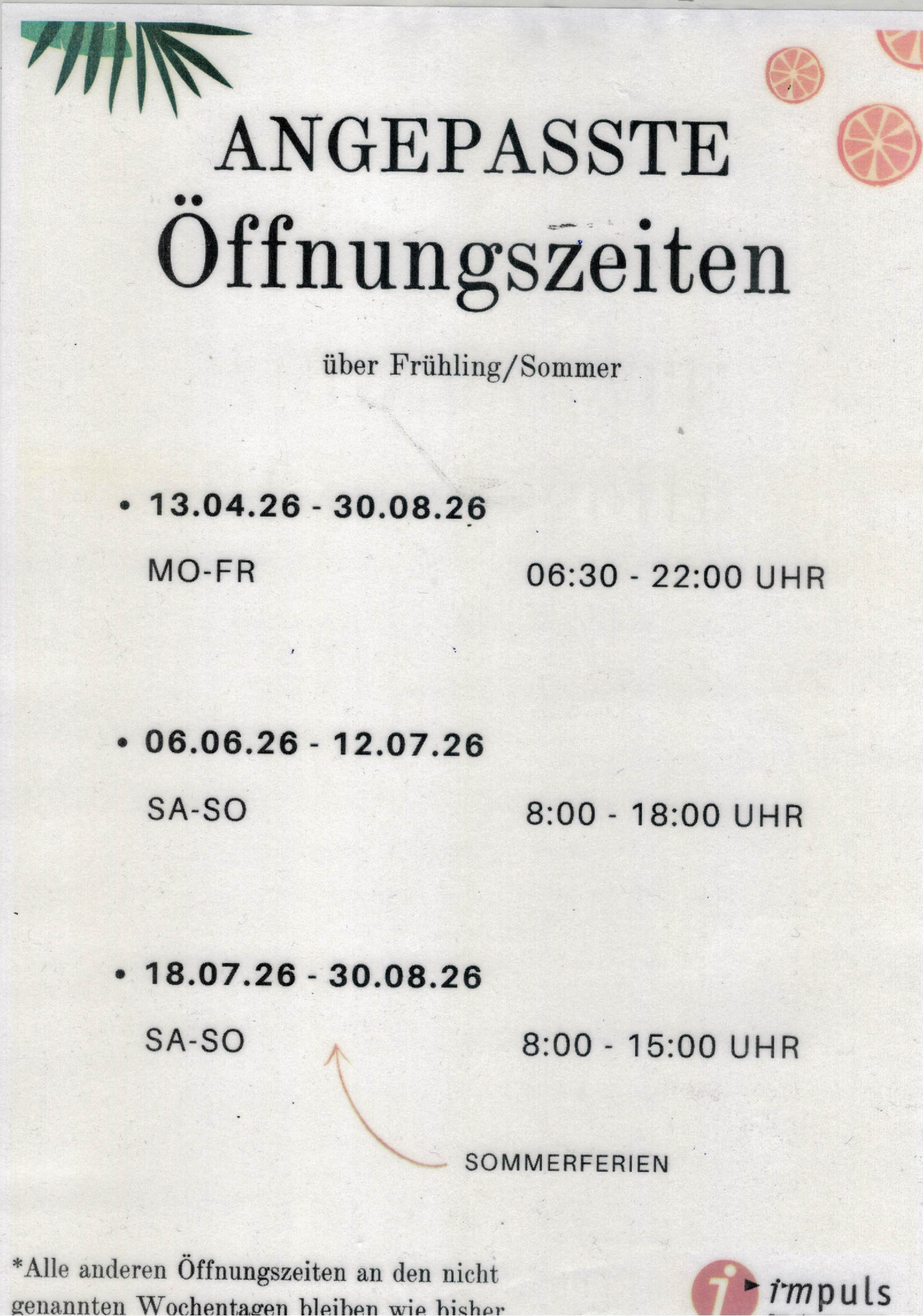 Unsere neuen Öffnungszeiten über den Frühling & Sommer 2026