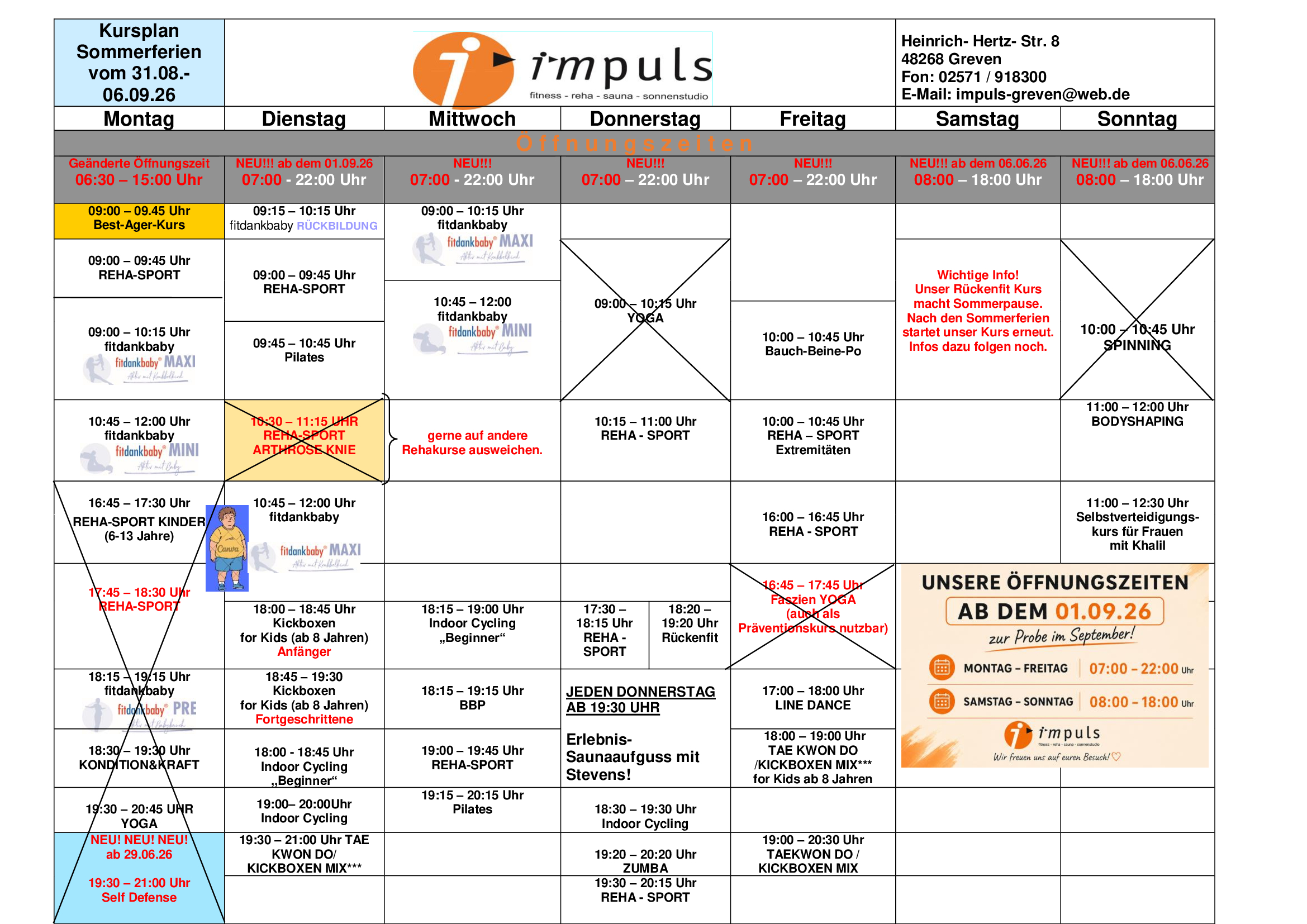 Sommerferien Kursplan vom 31.08.-06.09.26